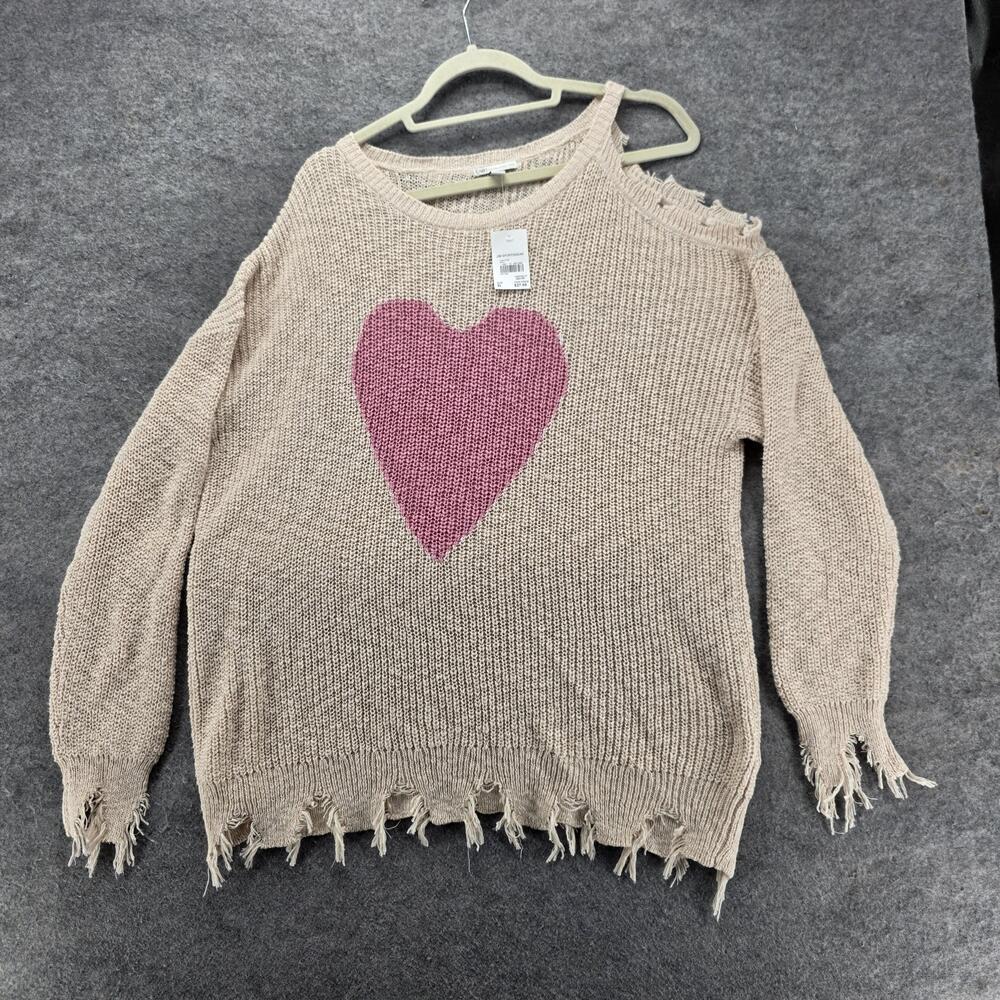 Cato Sweater Pullover Womens XL Beige Open-Knit Heart Graphic Fringe Lightweight